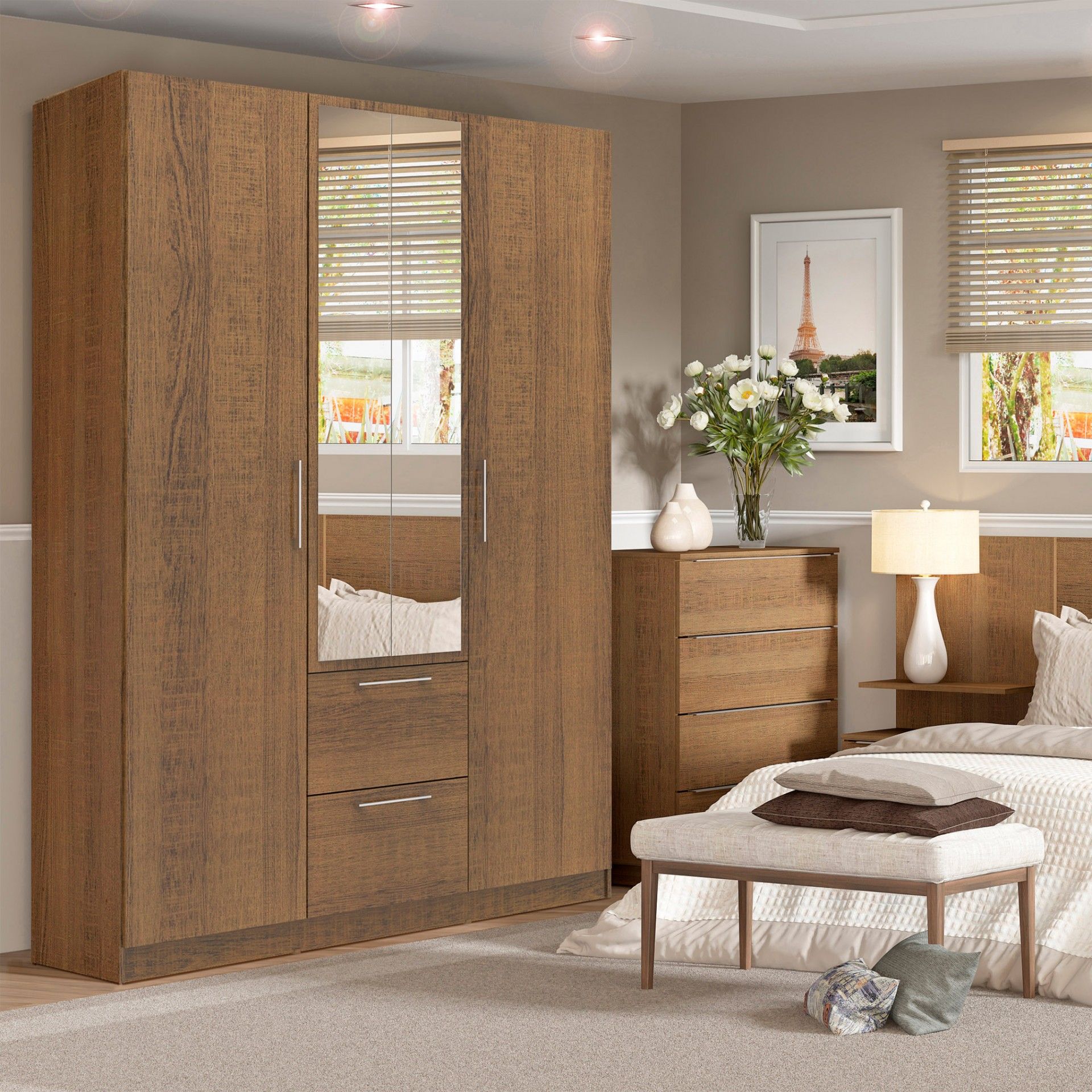 Teckno Wardrobe with Mirror (3 Doors + 2 Drawers)
